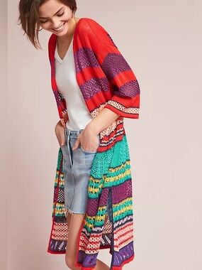 Anthropologie Cecilia Prado Colorful Knit Duster Cardigan Open Weave Stripe Boho
